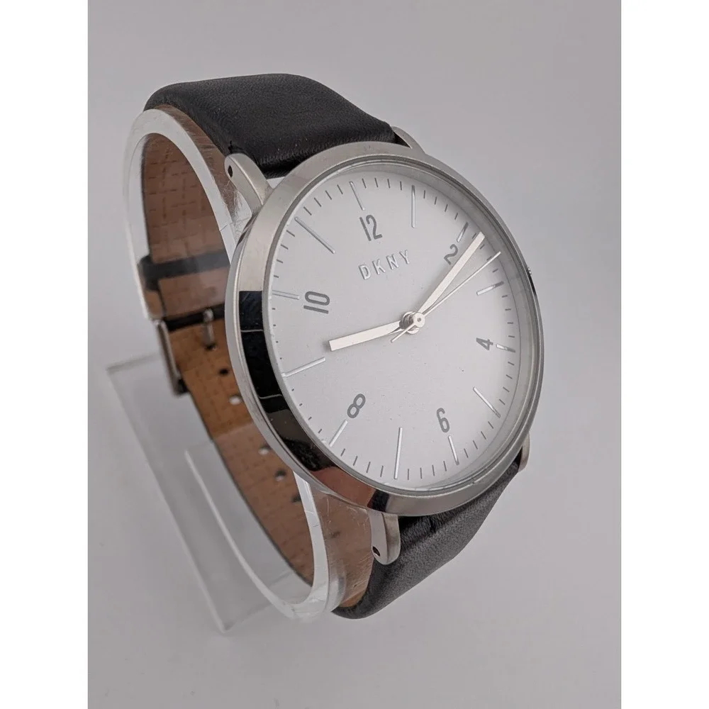 DKNY Watch‎ Women 36mm Silver Case Black Leather Band- New Battery